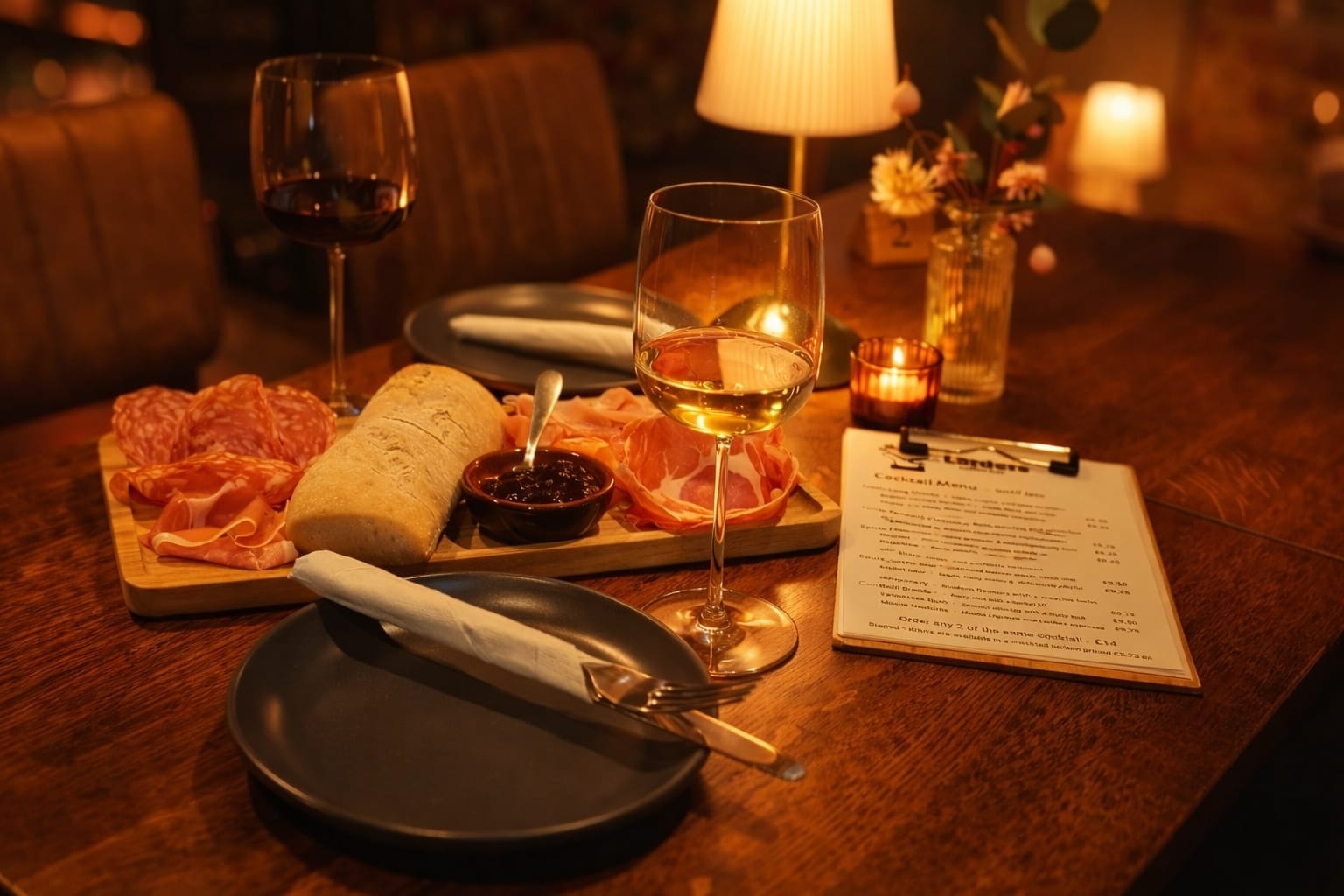 a meat platter with two wine glassses and a menu